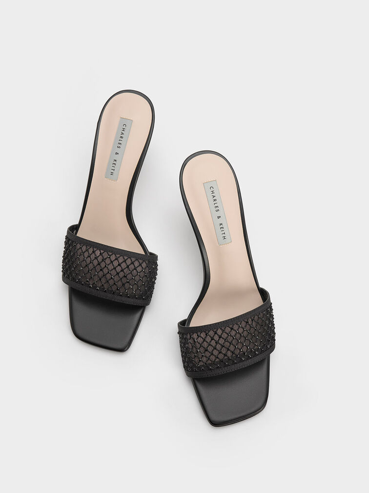 Sandal Gem-Encrusted Cylindrical Heel Mesh, Black, hi-res