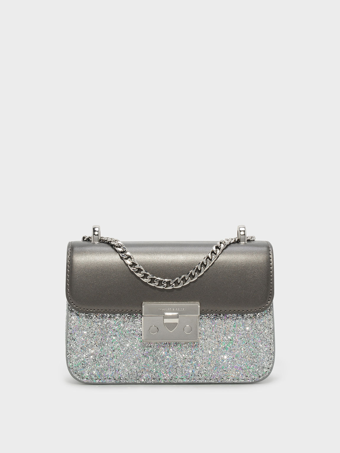 Tas Handbag Glitter Metallic Push-Lock, Pewter, hi-res