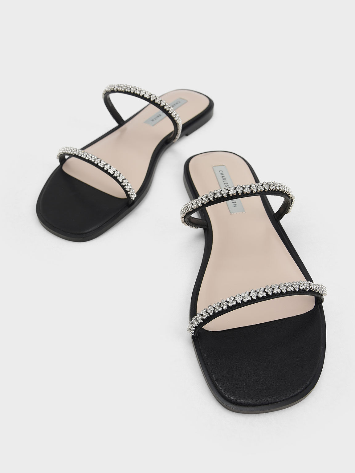 Sandal Strappy Slide Gem-Encrusted, Black, hi-res