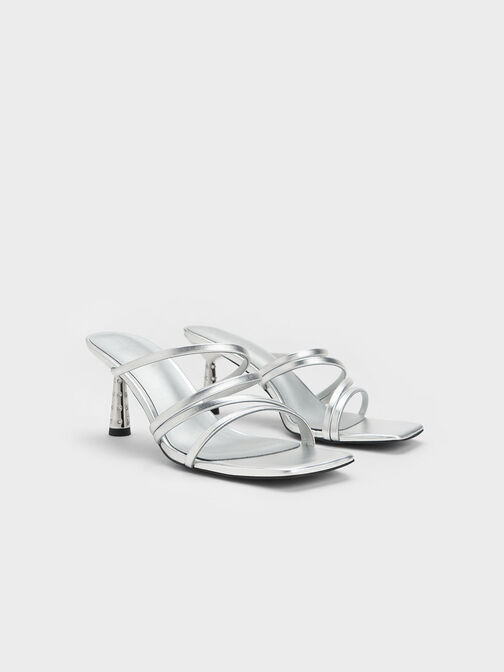 Metallic Embellished Cone Heel Sandals, Silver, hi-res