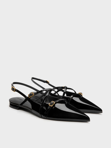Sepatu Flats Slingback Strappy Patent Maybelle, Black Patent, hi-res