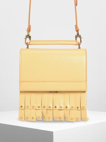 Fringe Trim Top Handle Bag, Yellow, hi-res