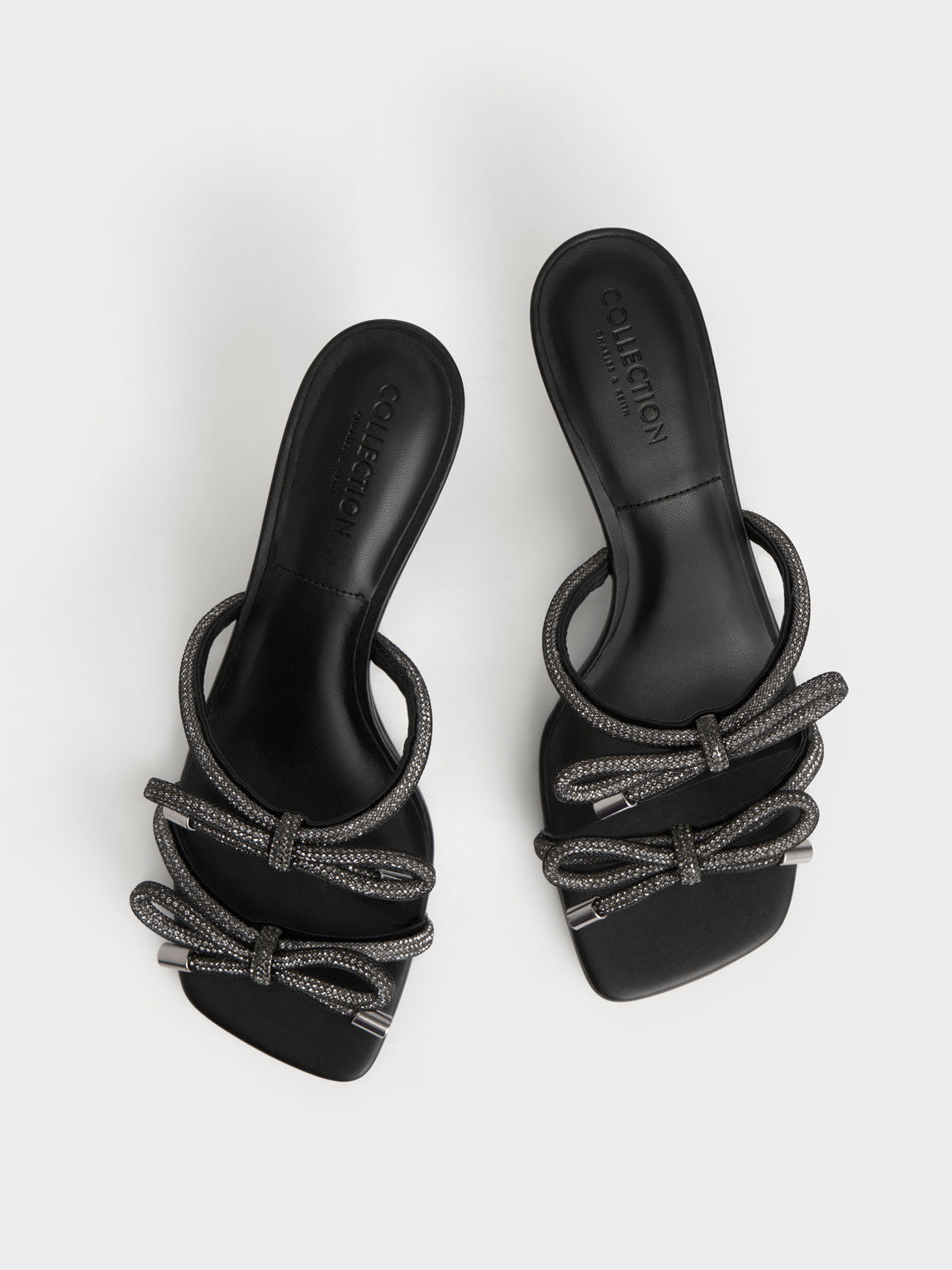 Gem-Embellished Bow-Tie Mules, Black, hi-res
