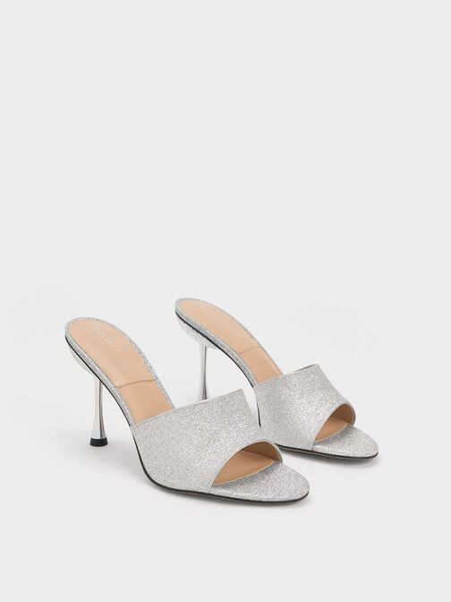 Sepatu Mules Demi Glittered Metallic Heel, Silver, hi-res