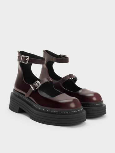 Sepatu Mary Janes Platform Ankle-Strap Buckled, Burgundy, hi-res