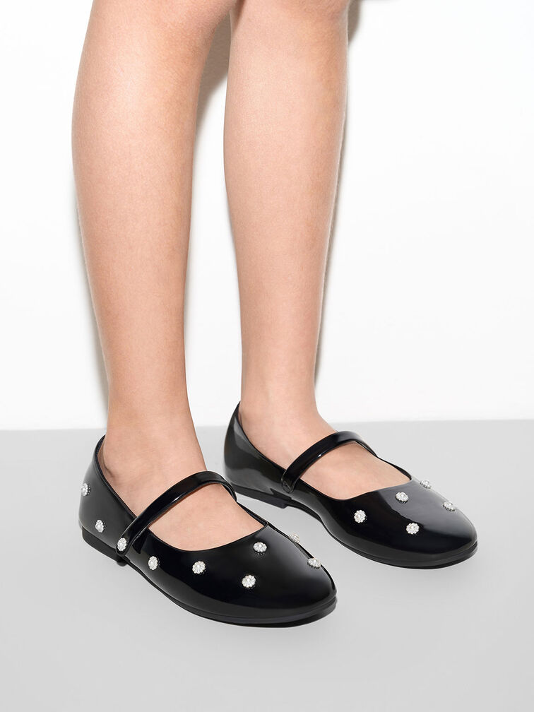 Sepatu Mary Janes Girls' Patent Flower-Beaded, Black Patent, hi-res