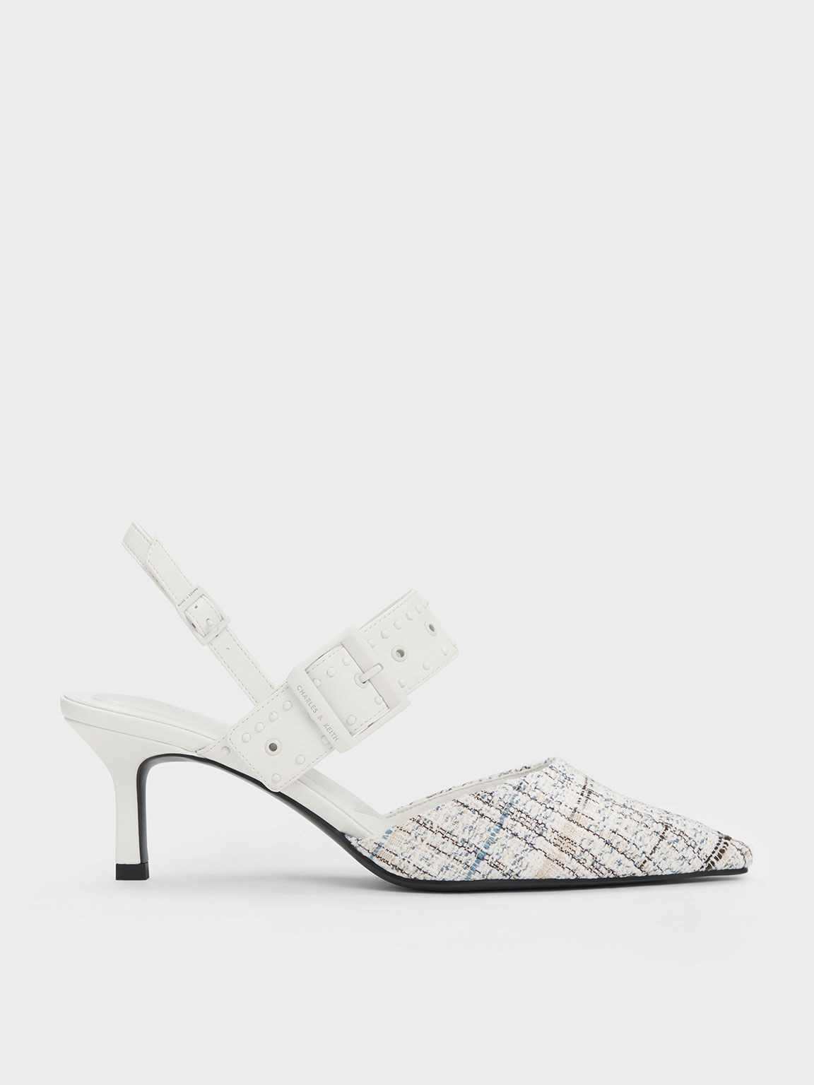 Sepatu Pumps Sepphe Grommet Slingback Tweed, White, hi-res