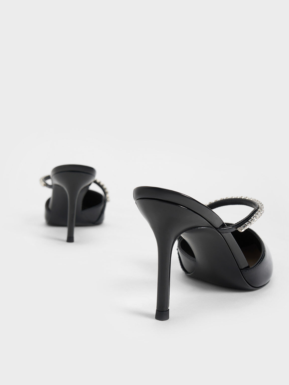 Sepatu Mules Gem-Encrusted Stiletto, Black Patent, hi-res
