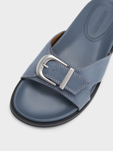 Sendal Selop Buckled Stitch-Trim Faux Suede, Blue, hi-res