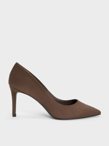 Sepatu Stiletto Pointed Emmy Faux Suede, Dark Brown Textured, hi-res