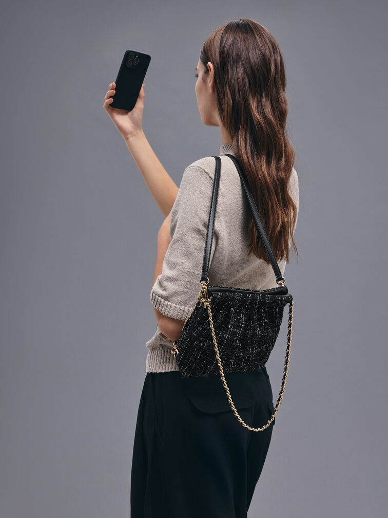 Tas Ransel Two-Way Chain-Handle Tweed Duo, Black Tweed, hi-res