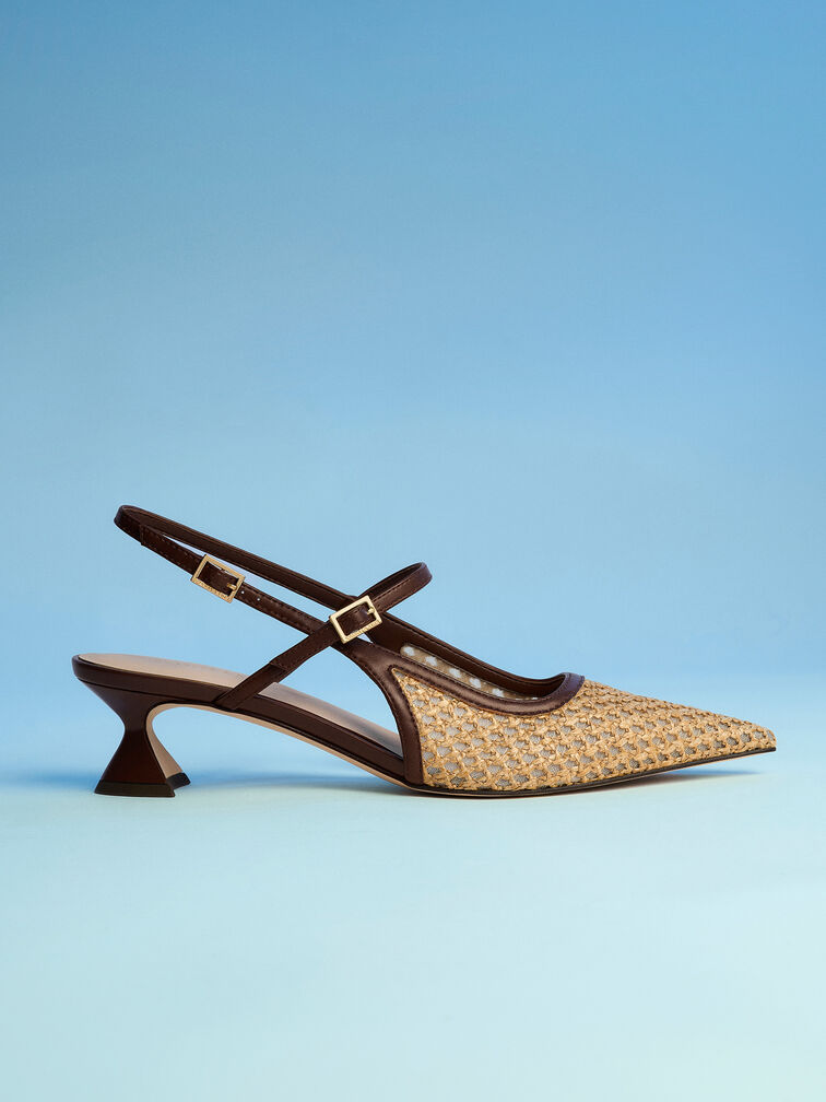 Sepatu Pumps Slingback Sculptural-Heel Raffia, Dark Brown Textured, hi-res