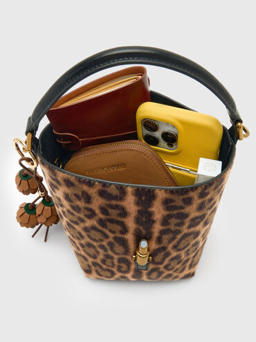 Cesia Leopard-Print Metallic-Accent Bucket Bag, Multi, hi-res