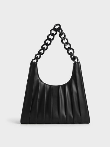 Chain Handle Pleated Shoulder Bag, Black, hi-res