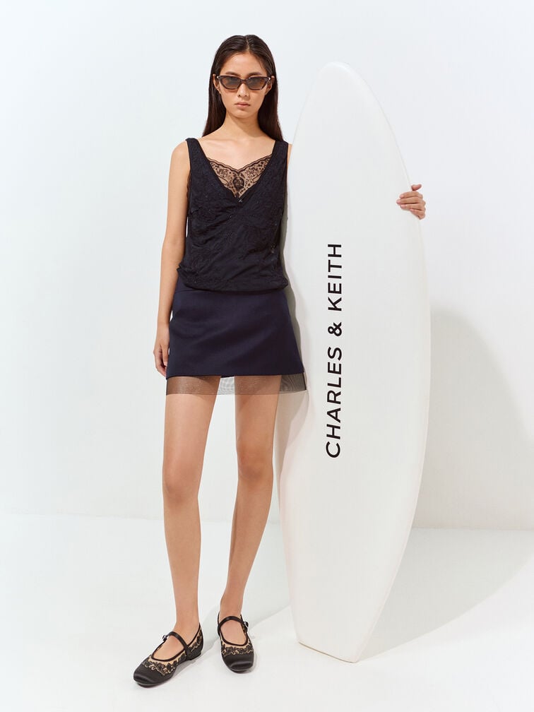 Satin Embroidered-Mesh Mary Jane Flats, Black Textured, hi-res