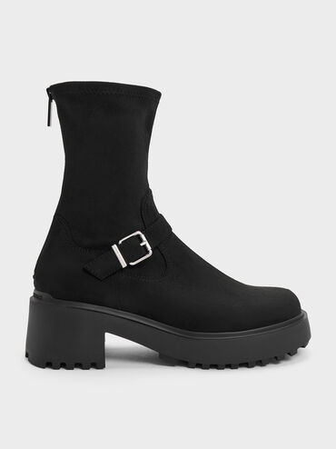 Sepatu Boots Ankle Platform Evan Faux Suede, Black Textured, hi-res