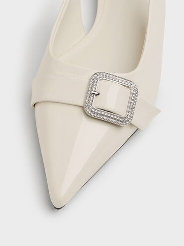 Sepatu Slingback Flats Pointed-Toe Crystal-Buckle Patent, Chalk, hi-res