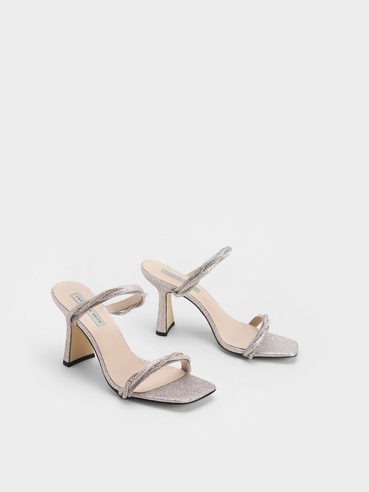 Sandal Embellished Twisted Strap Satin, Silver, hi-res