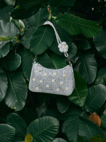 Tas Selempang Flower Philomena Raffia, Misty Blue, hi-res