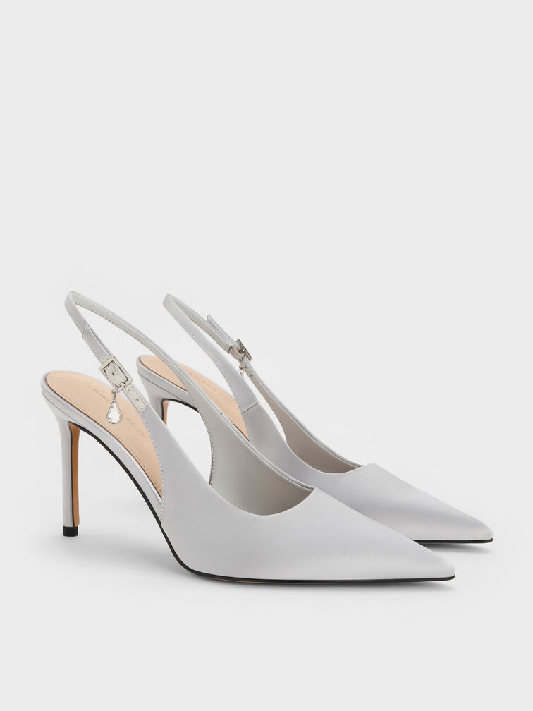 Sepatu Pumps Slingback Stiletto-Heel Teardrop-Crystal Satin, Silver, hi-res