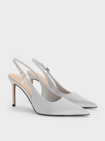 Sepatu Pumps Slingback Stiletto-Heel Teardrop-Crystal Satin, Silver, hi-res