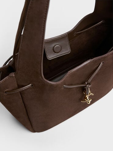 Mila Recycled Suede Metallic-Knot Drawstring Tote Bag, Espresso Brown, hi-res