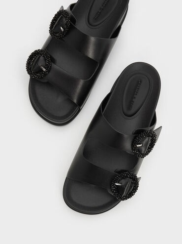 Beaded Circle Slide Sandals, Black, hi-res
