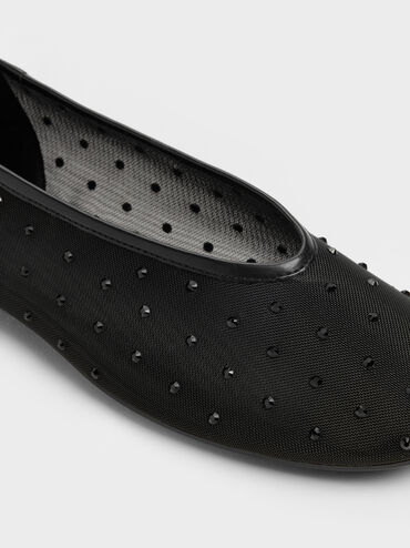Sepatu Flats Ballet Crystal Mesh, Black Textured, hi-res