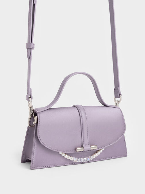 Lush Leather & Satin Beaded-Handle Evening Bag, Purple, hi-res