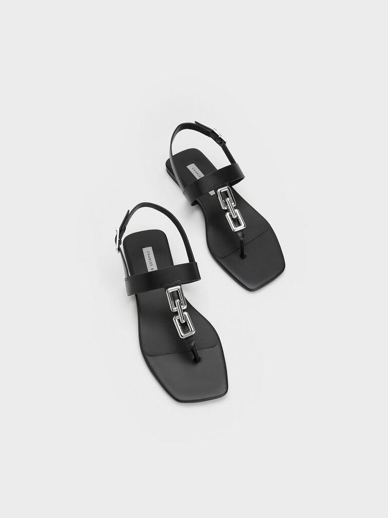Chain-Link T-Bar Sandals, Black, hi-res