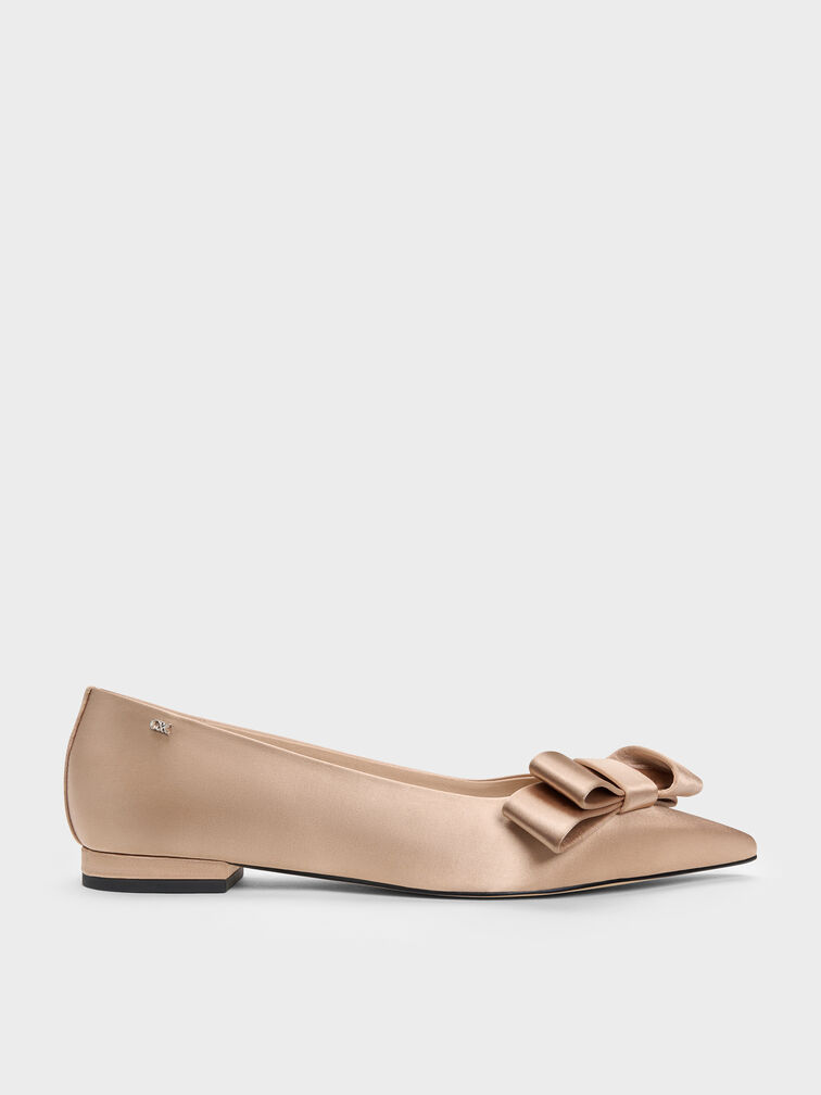 Sepatu Flats Ballet Pointed Pleated-Bow, Nude, hi-res