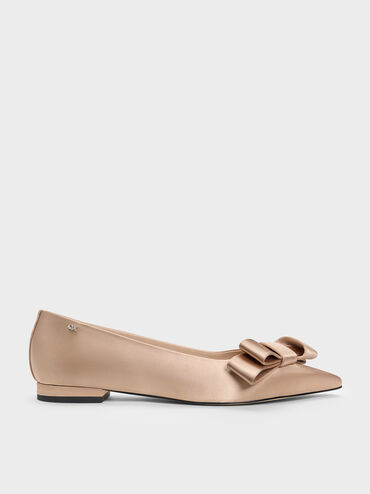 Sepatu Flats Ballet Pointed Pleated-Bow, Nude, hi-res