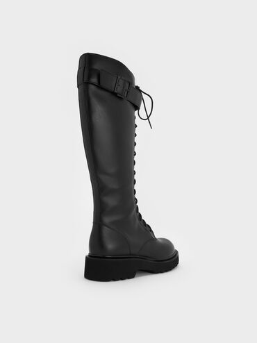 Sepatu Knee-High Boots Buckle-Strap Lace-Up Darian, Black, hi-res