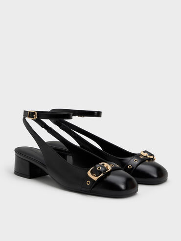 Sepatu Pumps Ankle-Strap Grommet-Belt, Black, hi-res