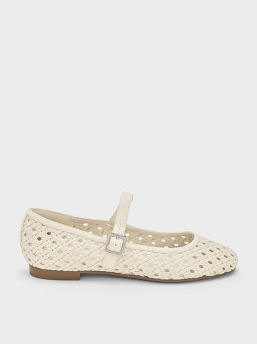 Sepatu Flats Mary Jane Woven, Cream, hi-res
