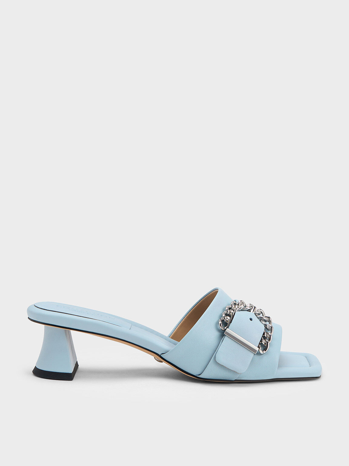 Chain-Buckled Leather Mules, Blue, hi-res