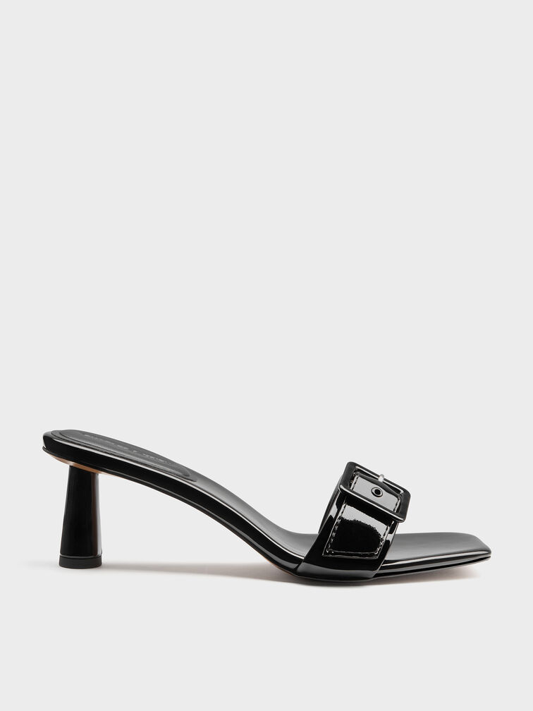 Sepatu Mules Heeld Buckle Strap Patent, Black Patent, hi-res