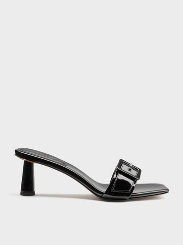 Sepatu Mules Heeld Buckle Strap Patent, Black Patent, hi-res