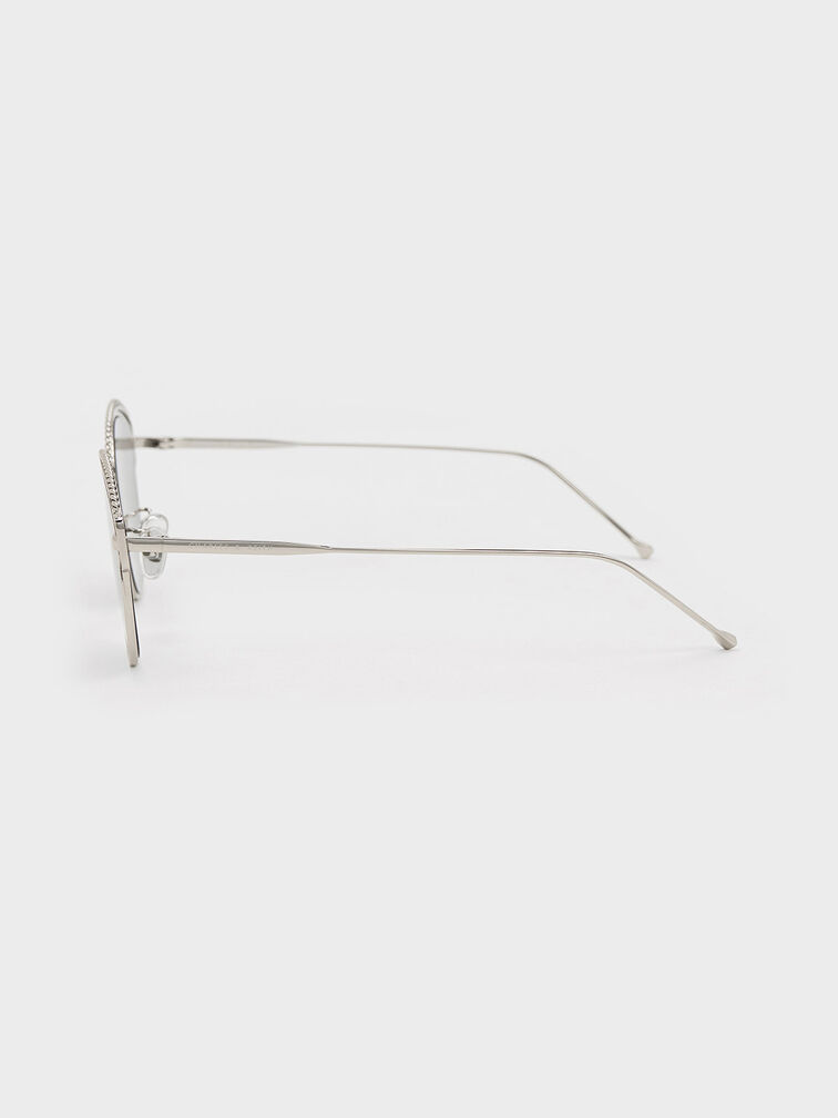Kacamata Cateye Braided Wire-Frame, Silver, hi-res