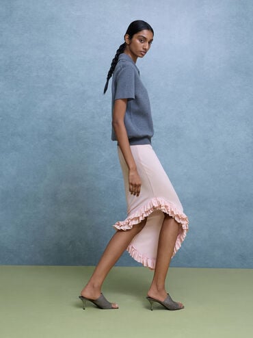 Sepatu Mules Heeled Glittered Mesh, Grey, hi-res