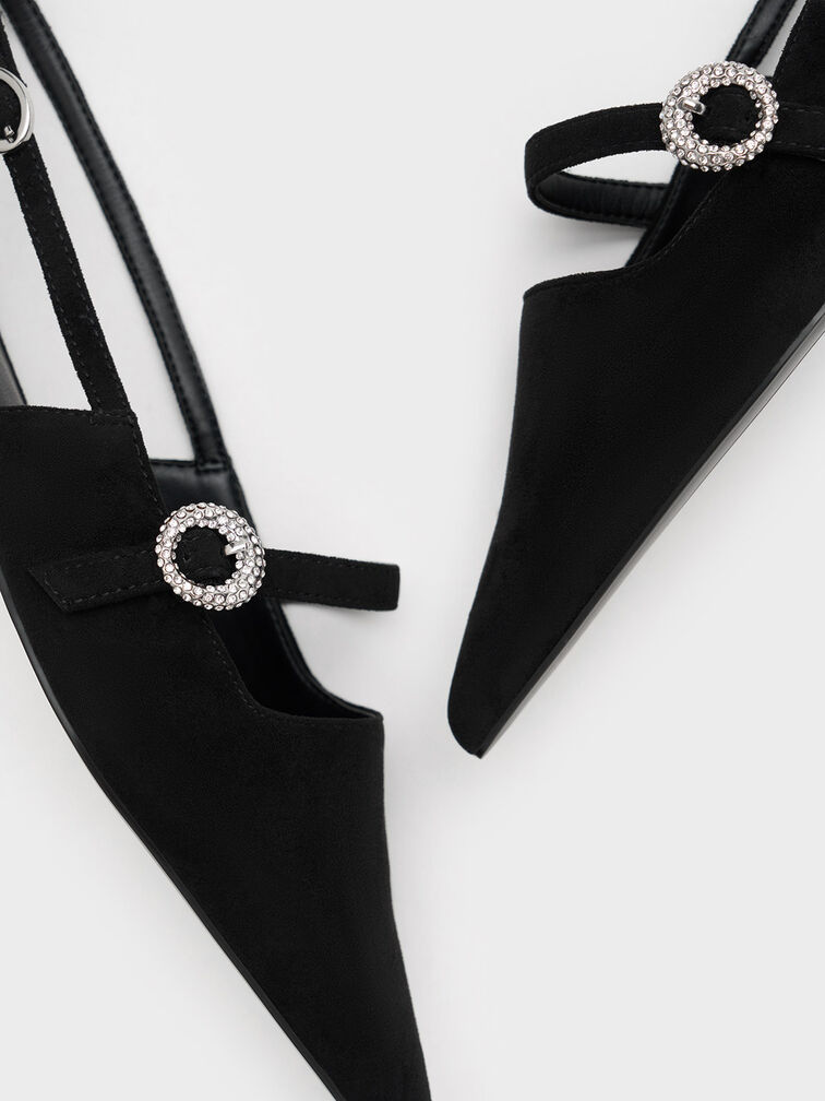 Sepatu Slingback Flats Textured Crystal-Embellished, Black Textured, hi-res