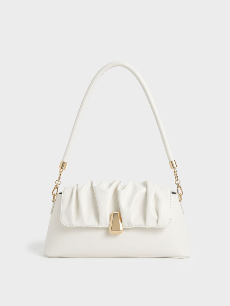 Beaded Strap Ruched Trapeze Bag, White, hi-res