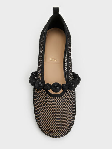 Sepatu Flats Mary Jane Beaded Mesh Leather, Black Textured, hi-res