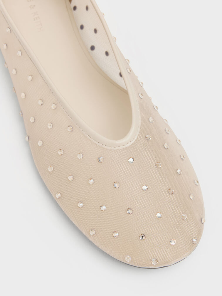 Sepatu Flats Ballet Crystal Mesh, Beige, hi-res