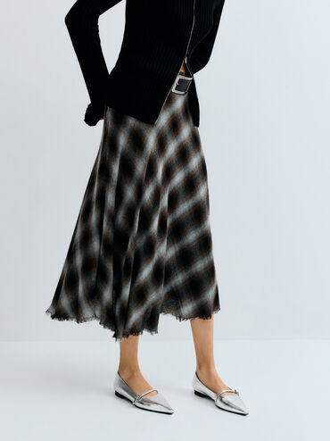 Sepatu Flats Ballet Pointed Metallic, Silver, hi-res