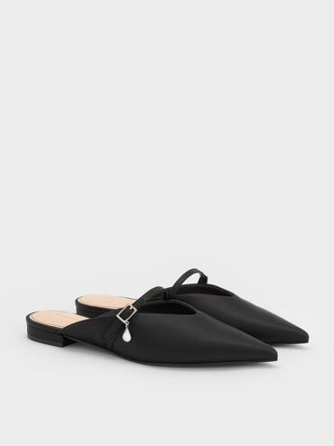 Sepatu Mules Teardrop-Crystal Flat Satin, Black Textured, hi-res