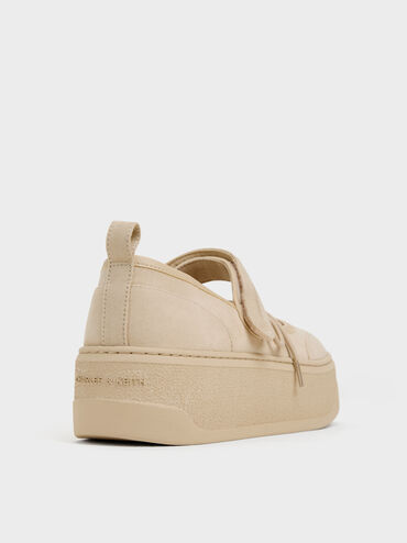 Sepatu Sneakers Platform Mary Jane Faux Suede, Beige, hi-res