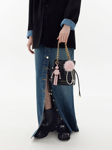 Gantungan Tas Furry Ball Pearl Beaded-Strap, Cotton Candy Pink, hi-res