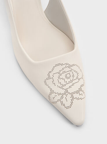 Perforated Rose Pointed-Toe Kitten-Heel Slingback Pumps, Chalk, hi-res