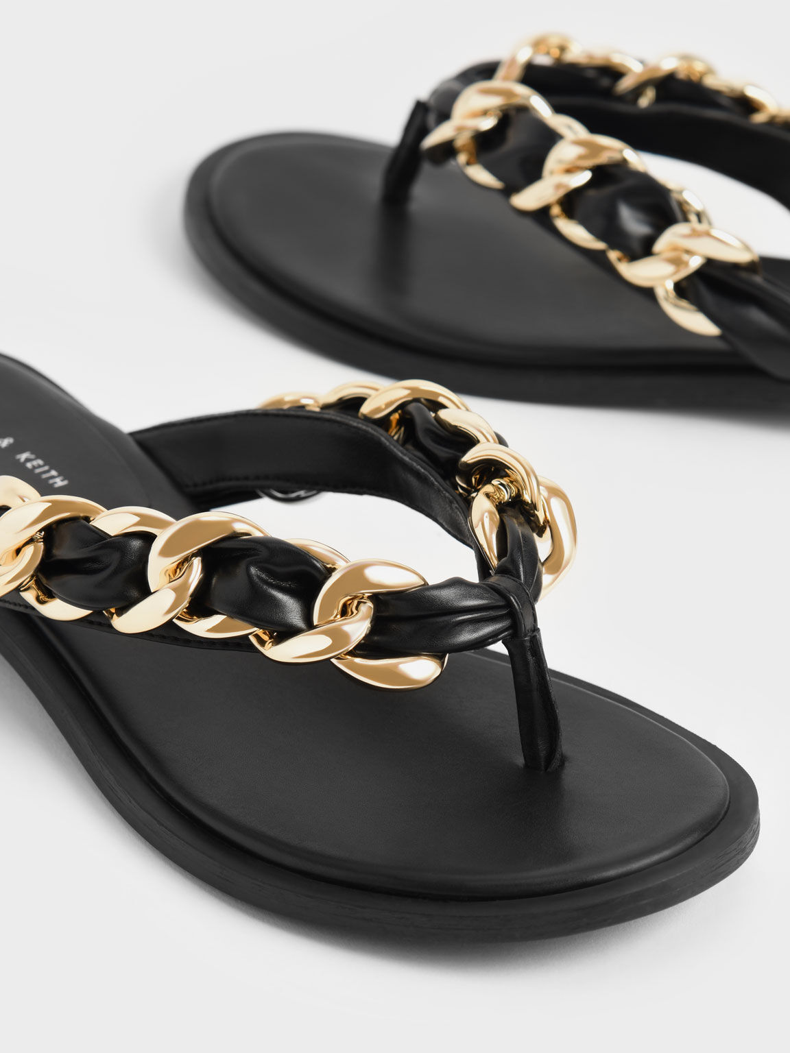 Braided Chain-Link Strap Thong Sandals, Black, hi-res